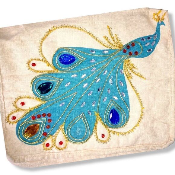 Vintage Cream Blue Handbag Cotton Jeweled Peacock Brown Wooden Handle Lined - Picture 6 of 8